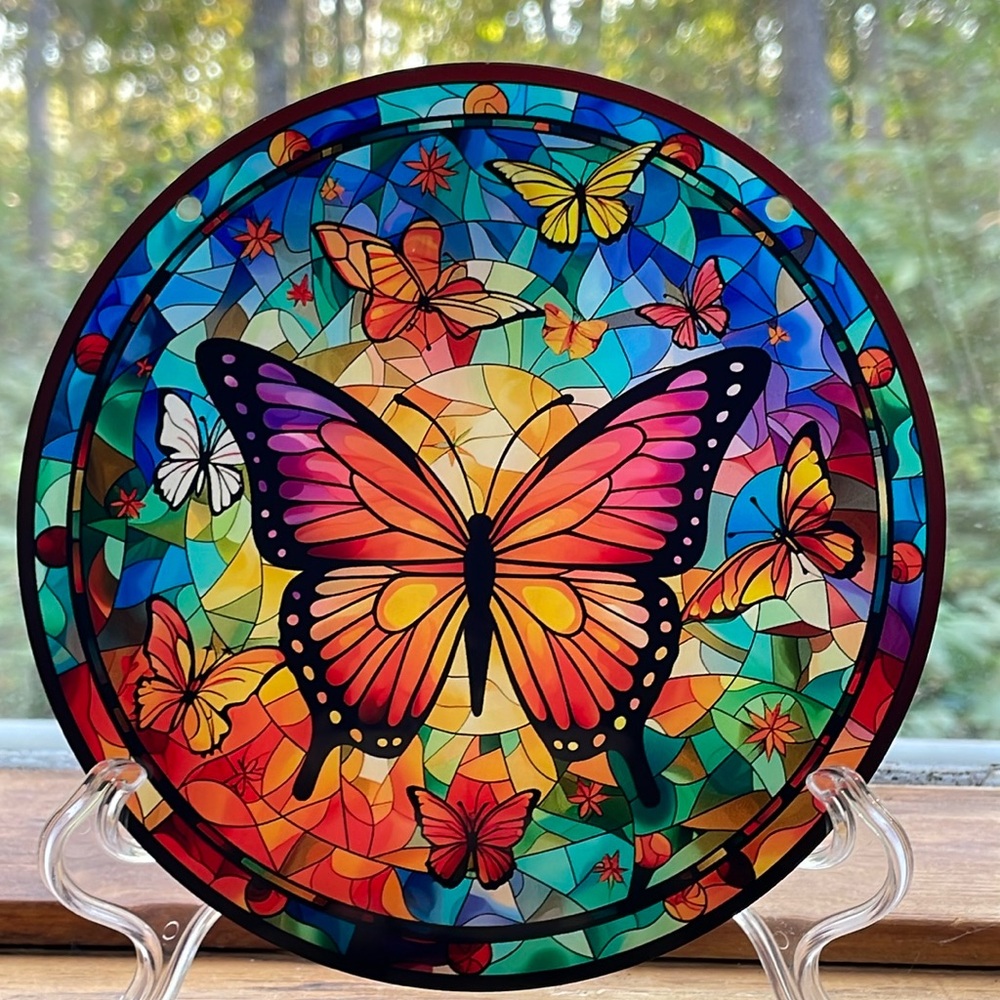 Suncatcher 6” Butterfly Acrylic Round Faux Stained Glass Winged Insect Decor